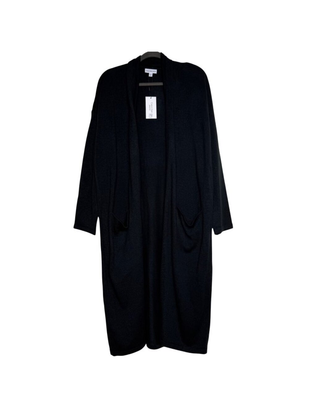 NWT Calvin Klein Black Open Front Long Cardigan Acrylic Knit Duster Sz L $129.50